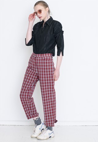 VINTAGE RED CHECKED HIGH WAIST WIDE LEG RETRO TROUSERS