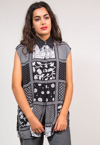 90'S VTG MONOCHROME ABSTRACT FLORAL PATTERN SLEEVELESS SHIRT