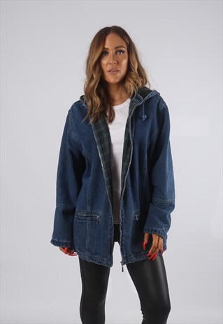 VINTAGE DENIM JACKET OVERSIZED HOODED CHECKED UK 14 (82L)