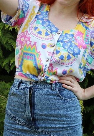 VINTAGE 80S WHITE RAINBOW FLORAL GEOMETRIC FESTIVAL CROP TOP