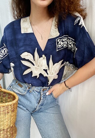 VINTAGE 90S BOHO HIPPIE ETHNIC BATIK PRINT BLOUSE TUNIC TOP