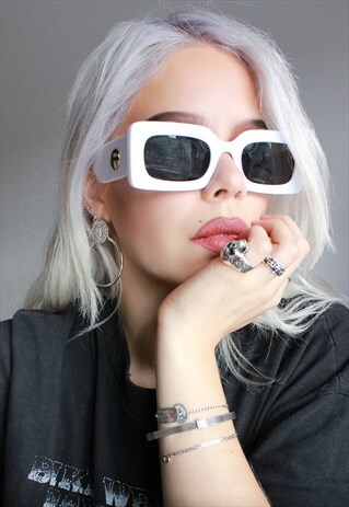 WHITE 'MIAMI VICE' CHUNKY FRAME RECTANGLE SUNGLASSES