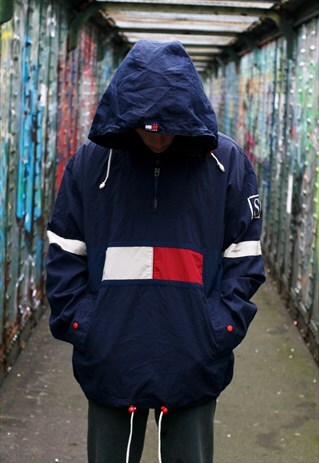 VINTAGE 90S TOMMY HILFIGER HOODED PULLOVER Q ZIP JACKET