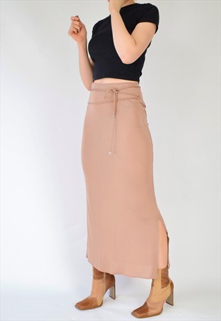VINTAGE 90S GIANT MINIMAL BEIGE FITTED MIDI SKIRT WITH TIES