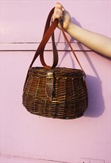 Dark Brown Rattan Basket Bag with Leather Shoulder Strap