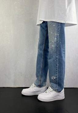 Blue Levis Paint Splatter Distressed Jeans Mens Straight Fit