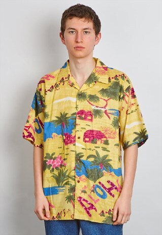 VINTAGE 90'S BUDWEISER YELLOW HAWAIIAN PRINT SHIRT