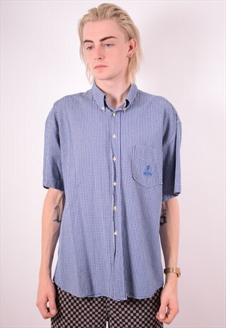 HUGO BOSS MENS VINTAGE SHIRT LARGE BLUE CHECK 90S