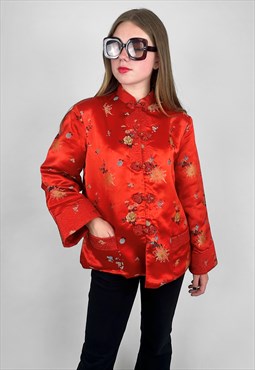 70's Vintage Red Floral Chinoiserie Long Sleeve Jacket