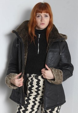 Vintage Leather Sherling Sherpa Lined Jacket Black