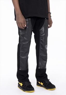 Faux leather patch overalls straight fit pants in black