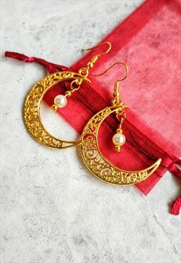 Statement Moon Golden Celestial Faux Pearl Drop Earrings
