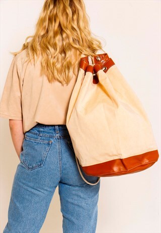 VINTAGE 90S BROWN AND CREAM BUCKET BAG