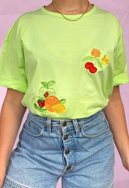 Vintage 80s Bright Fruit Embroidered Tshirt in Green L