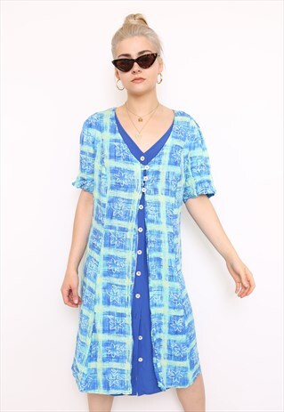VINTAGE 90S BLUE GREEN FLORAL PRINT MIDI DRESS