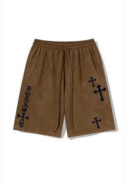 Brown Crosses Embroidered Suede Oversized Shorts Y2k