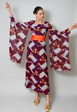 70's Vintage Burgundy Kimono Angel Sleeve Midi Print Dress