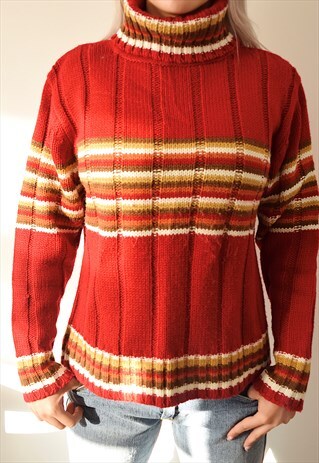 Vintage 90s Roll Neck Jumper Striped Red