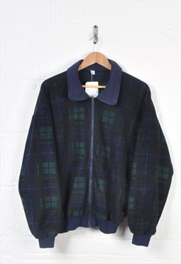 Vintage Fleece Jacket Retro Check Pattern Green/Navy Medium