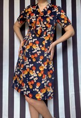 Vintage 70s navy orange floral midi dress, short sleeves