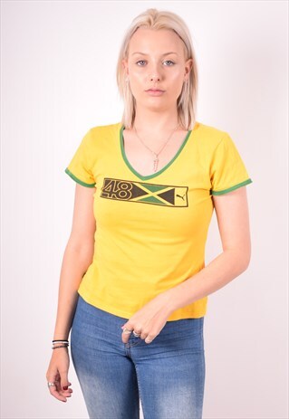 PUMA WOMENS VINTAGE T-SHIRT TOP MEDIUM YELLOW 90S