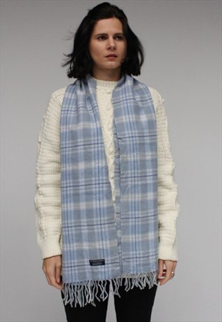 VINTAGE LAMBSWOOL CHECKED SCARF BLUE-AS15