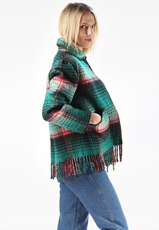 VINTAGE PLAID WOOL BLANKET COAT FRINGED
