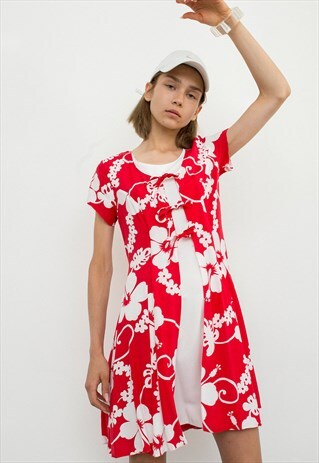 VINTAGE DRESS MINI RED WHITE HAWAII BEACH FLORAL TROPICAL