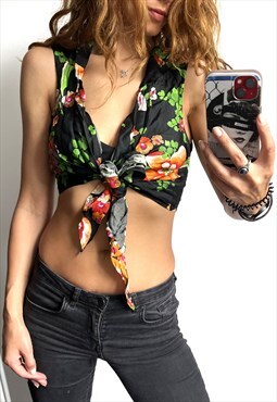 Green Black Floral Cropped Tie Wrap Boho Gypsy Holiday Top 