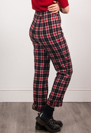 VINTAGE 90' RED TARTAN CHECK HIGH WAIST TROUSERS