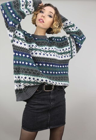 VINTAGE 80S 90S OVERSIZED PATTERNED KNIT JUMPER