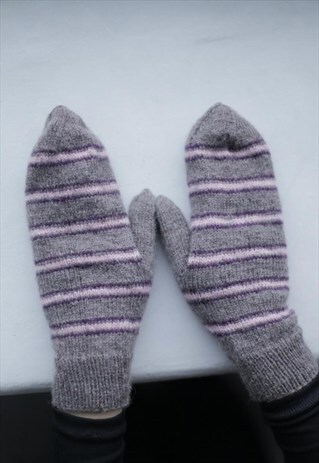 BROWN STRIPED HANDMADE KNITTED WOOL GLOVES