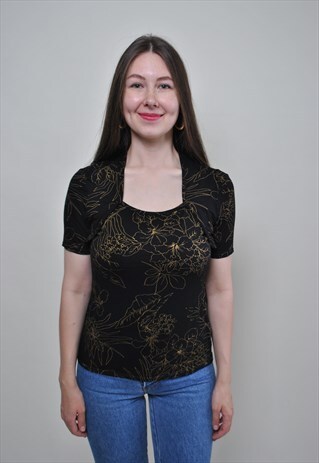 Vintage black blouse, flowers print fitted top