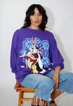 Vintage Looney Tunes Sweatshirt (XL) purple jumper 90s taz