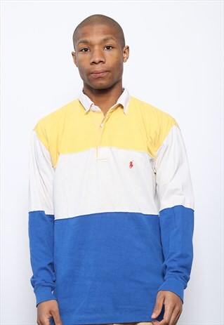 VINTAGE RALPH LAUREN LONG SLEEVED RUGBY POLO BLUE WHITE