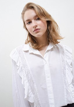 Vintage 70s Preppy Ruffle Long Sleeve Button Up Blouse M/L 