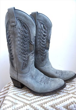 Vintage Grey Suede Leather Cowboy Western Boots Shoes Shoe