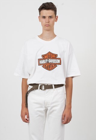 90S VINTAGE WHITE HARLEY-DAVIDSON LOGO CREW NECK T-SHIRT