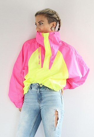 VINTAGE 1990S NEON YELLOW AND PINK WINDBREAKER JACKET