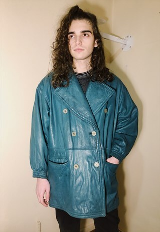 VINTAGE TURQUOISE LEATHER DOUBLE BREASTED WINTER COAT