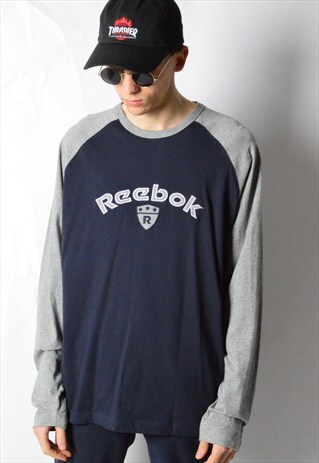 VINTAGE 90S NAVY BLUE GREY REEBOK LONG SLEEVE SHIRT