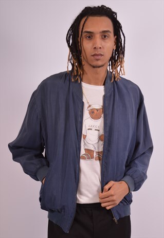 MENS VINTAGE SILK BOMBER JACKET XXL NAVY BLUE 90S