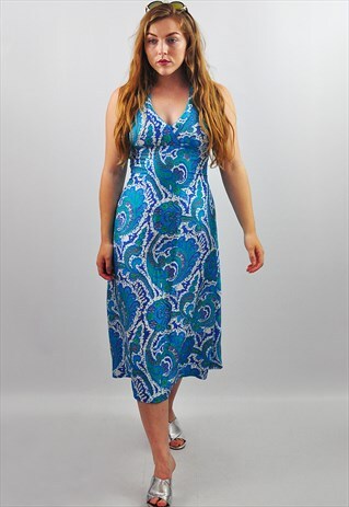 VINTAGE 70S BLUE FLORAL SUMMER MIDI COCKTAIL DRESS