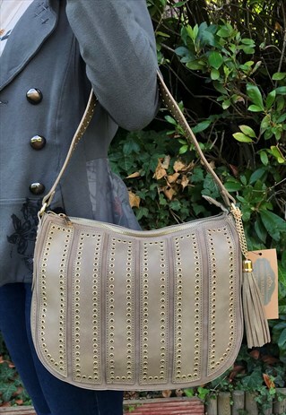 KHAKI EYELET STUDDED TASSLES BAG