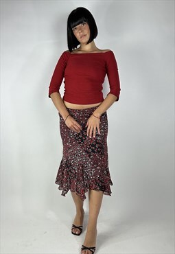 Vintage 90s Floral Low Rise Asymmetric Midi Skirt