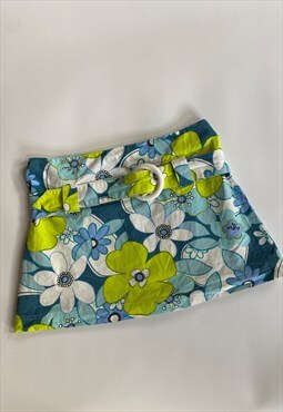 Vintage Y2K Hibiscus Print Mini Skirt Beach Small Blue Green