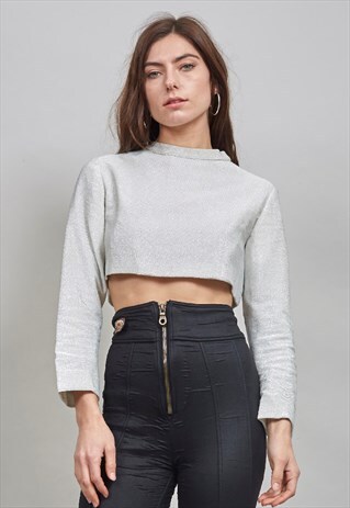 VINTAGE 60'S SILVER GLITTER CROPPED TURTLE NECK TOP