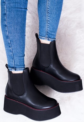 PLATFORM CHELSEA ANKLE BOOTS -BLACK LEATHER STYLE-PLUTONIYUM