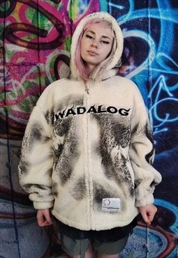 Anime fleece jacket graffiti cartoon bomber punk coat cream