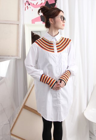 (KOREAN) CONTRAST SHIRT DRESS WITH STRIPE YOKE & CUFF WHIT